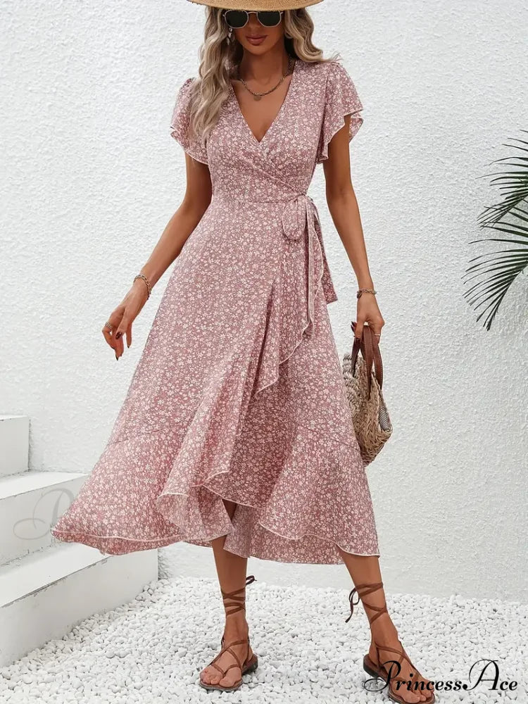 Tied Flowered Gown Flutter Surplice Design With Neck Sleeves S / Pink Pink Floral Maxi Dress