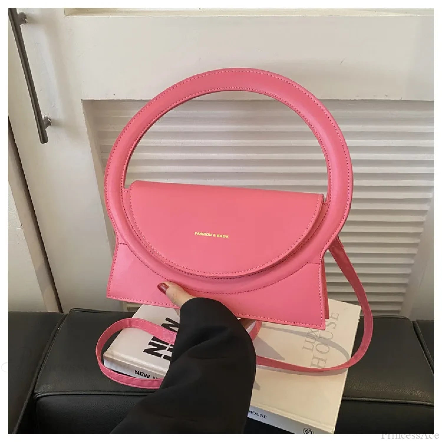 Top Brand Round Handle Luxury Leather Crossbody Handbag Pink handbag-250126