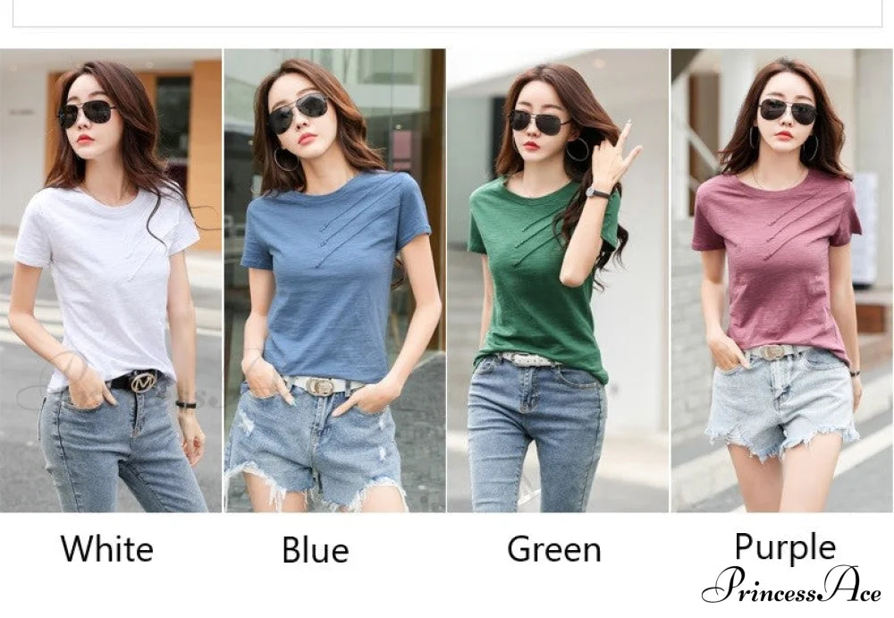 Tops Loose Tee-Shirts Blue Ribbed Warm-Season Cotton T-Shirts Casual Button O-Neck Fashion Korea