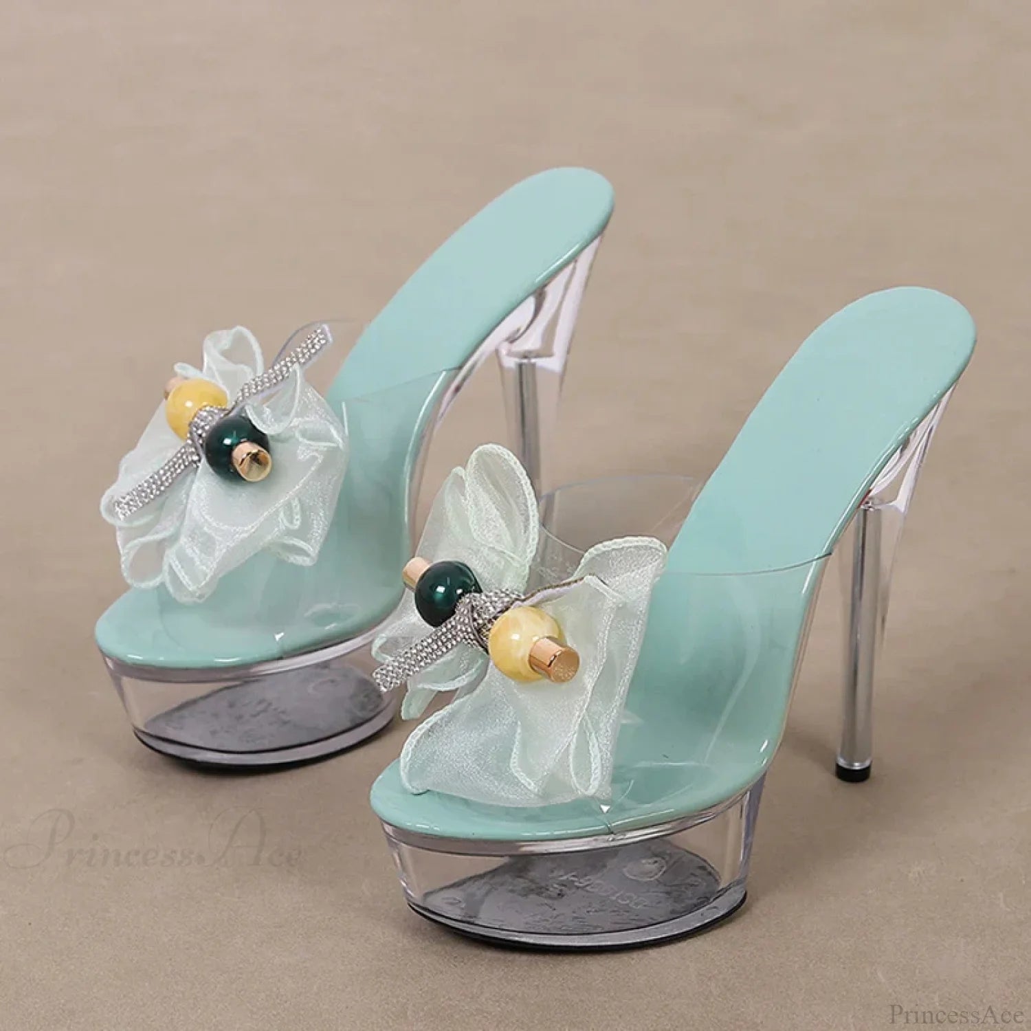 Transparent Mesh Bowknot Super-High Sexy Platform Stripper Party Stylish Chic High Heel Blue / 35