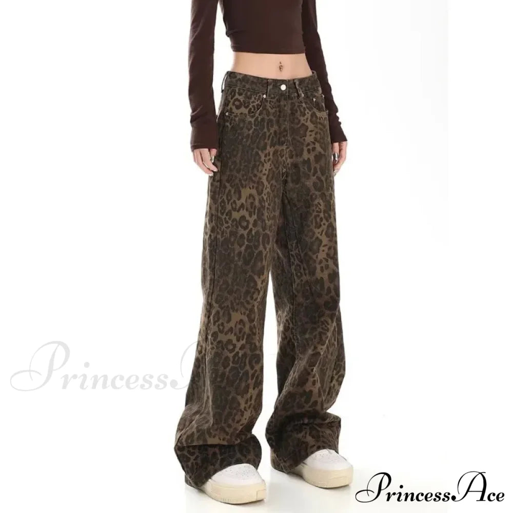 Trendy Autumnal American Retro Leopard Print Niche Design Casual Straight Wide-Leg Pants Jean