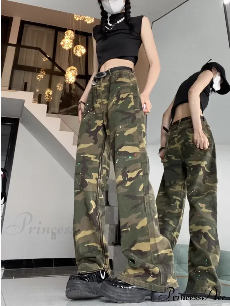 Trendy Hip-Hop Vintage Versatile Work Clothes Loose Splashed Ink Camouflage Wide Leg Jean