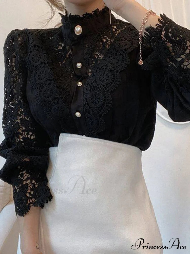Up Pink Arm Lace Vintage Spliced Button Blouse Women’s Long Casual Top 2-Black / S