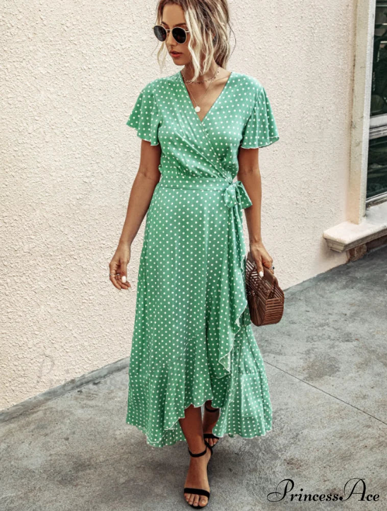 V-Neck Coastal Vacation Dot Polka Short-Sleeved Warm-Season Ruffle For Gown Women M / Yellow Dresses