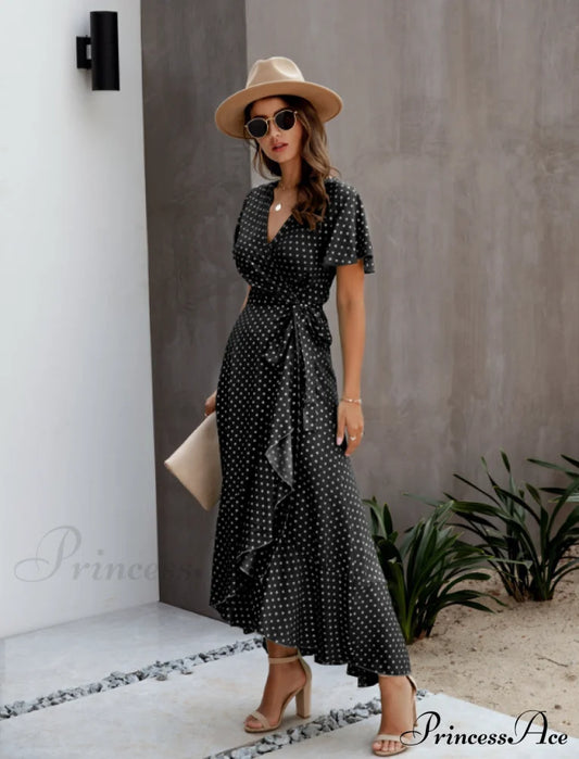 V-Neck Coastal Vacation Dot Polka Short-Sleeved Warm-Season Ruffle For Gown Women S / Green Dresses