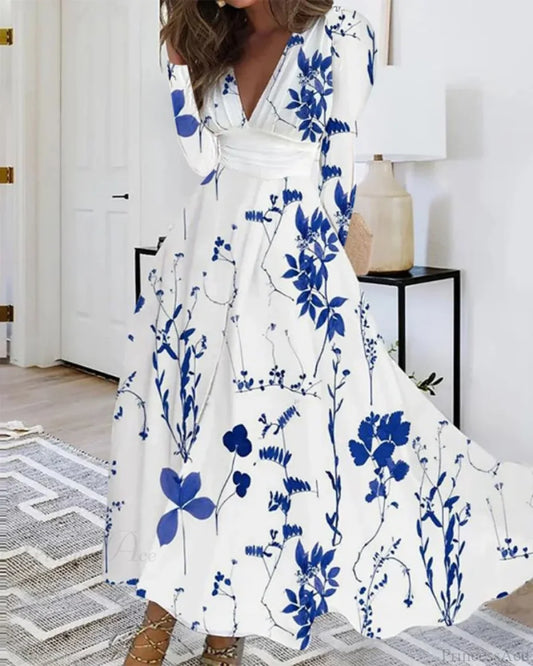 V Neck Floral Maxi Dress Blue / S oldfloraldress-250126