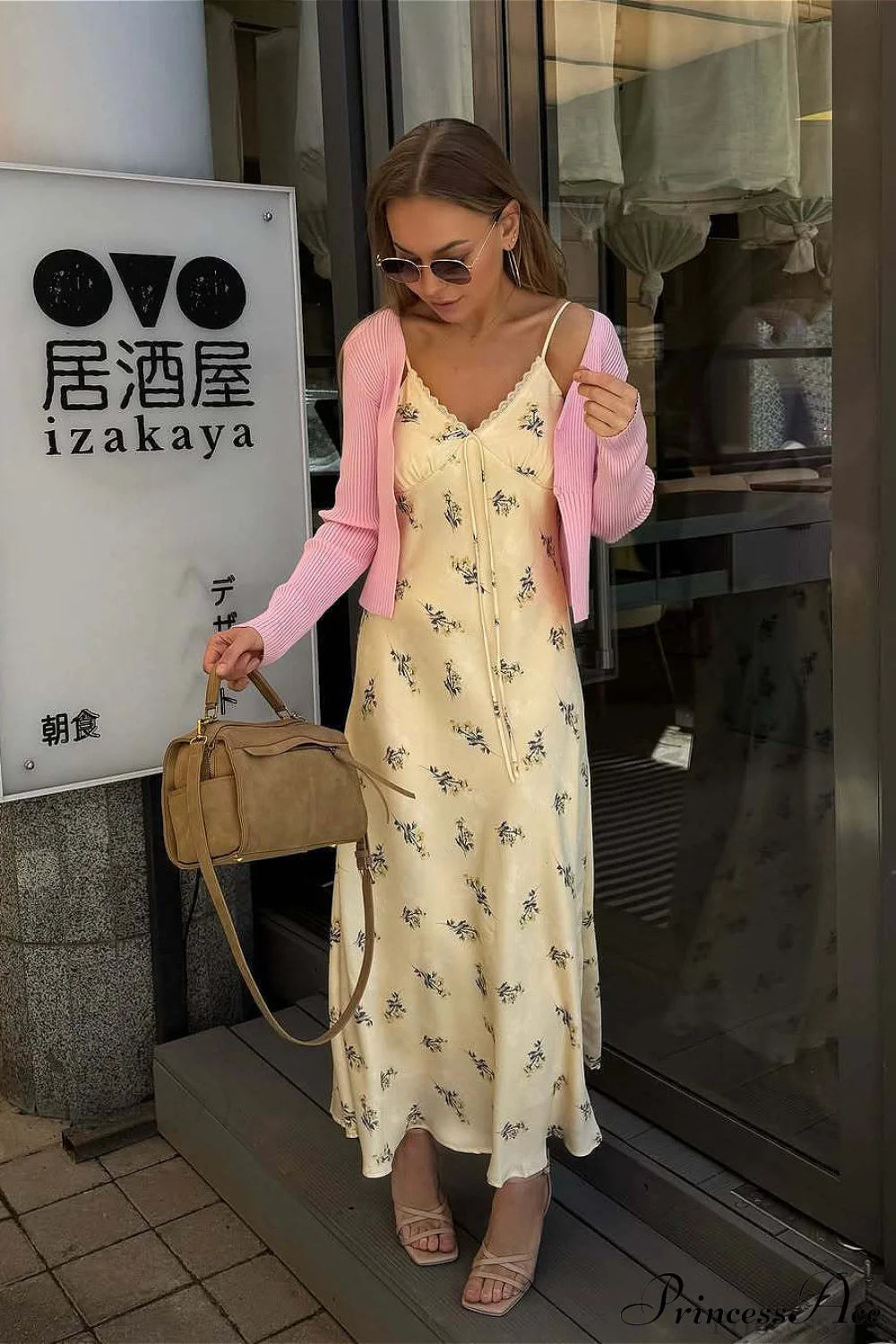 V Neck Satin Cami Ruched Tie Floral Dress