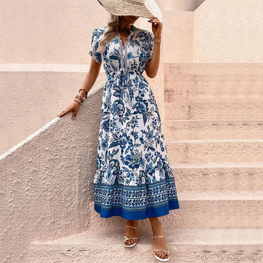 Vacation Style Floral Print Dress Blue / S oldfloraldress-250126