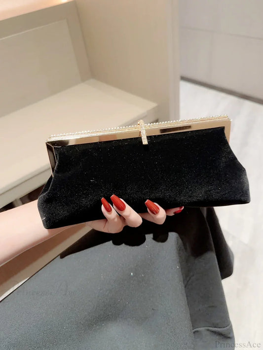 Velvet Fish Hook Rhinestone Decorated Evening Clutch Party Wedding Bag Black / (20cm clutchbag-250126