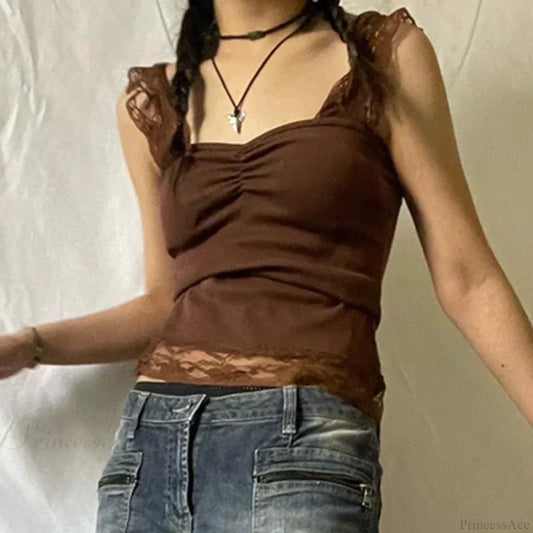 Vintage Brown Lace Patchwork Open Back Slim Fit Fairy Grunge Y2K Camis Crop Top croptop-250126