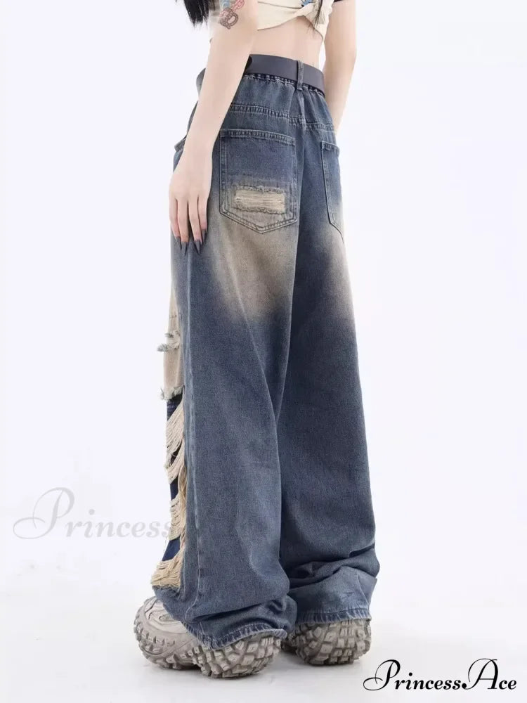 Vintage Distressed Washed Summer Loose Fitting Wide Leg Straight Tube Trendy Street Women’s Jean