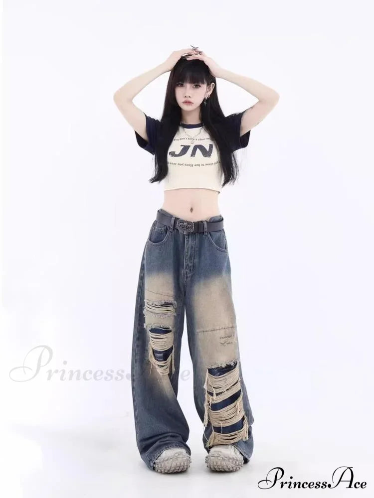 Vintage Distressed Washed Summer Loose Fitting Wide Leg Straight Tube Trendy Street Women’s Jean
