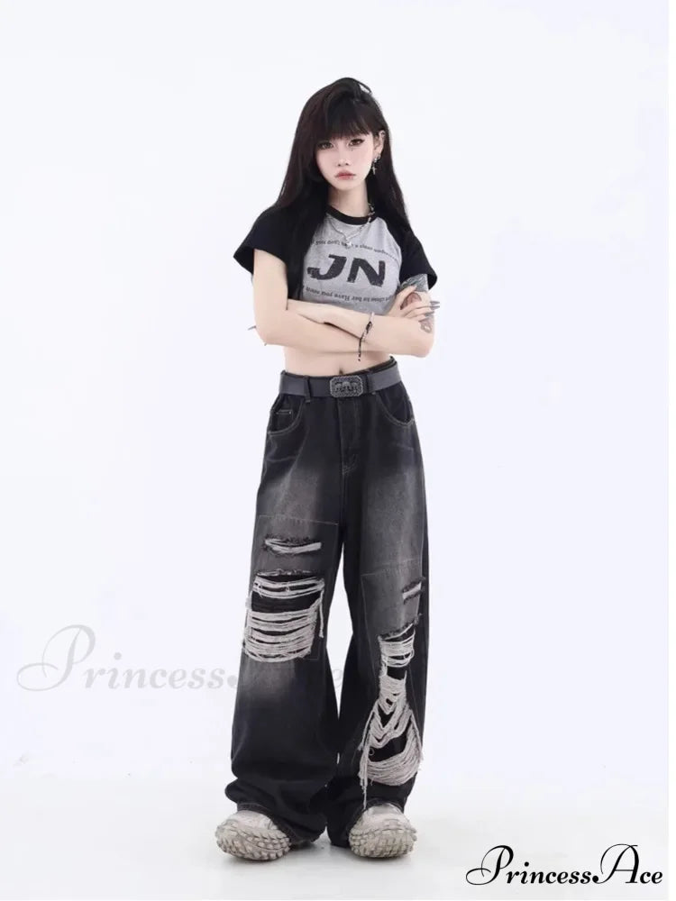 Vintage Distressed Washed Summer Loose Fitting Wide Leg Straight Tube Trendy Street Women’s Jean