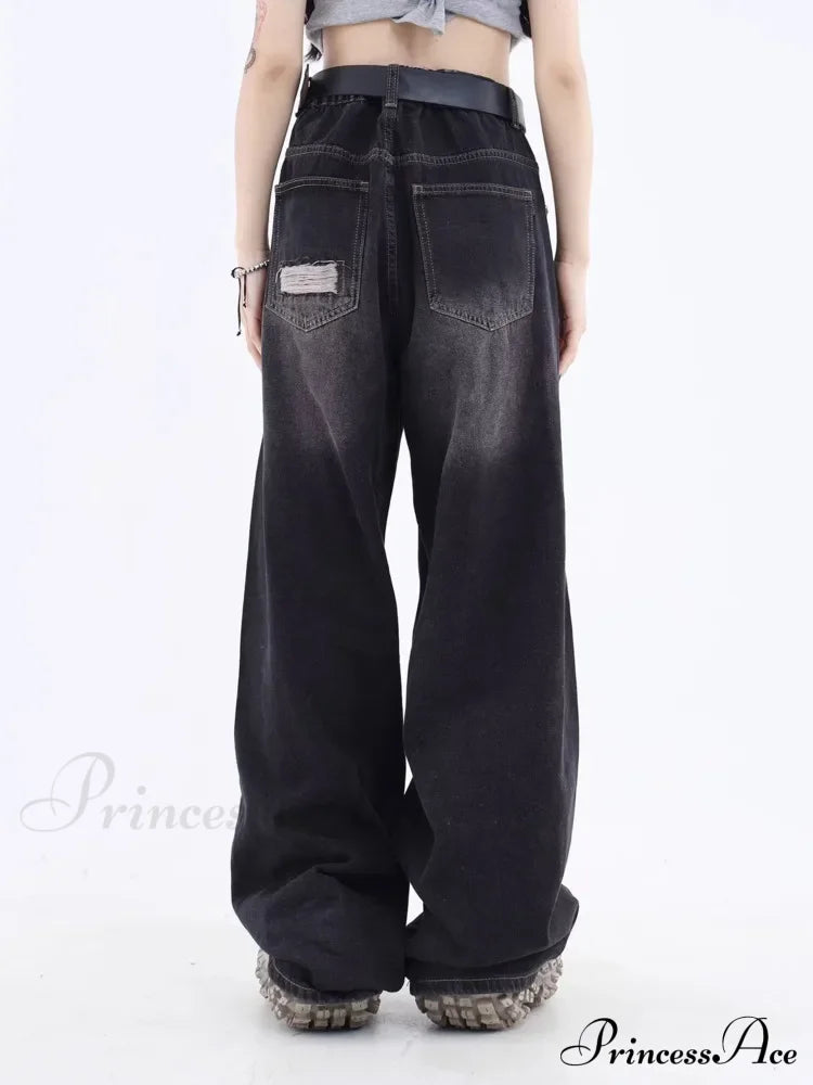 Vintage Distressed Washed Summer Loose Fitting Wide Leg Straight Tube Trendy Street Women’s Jean