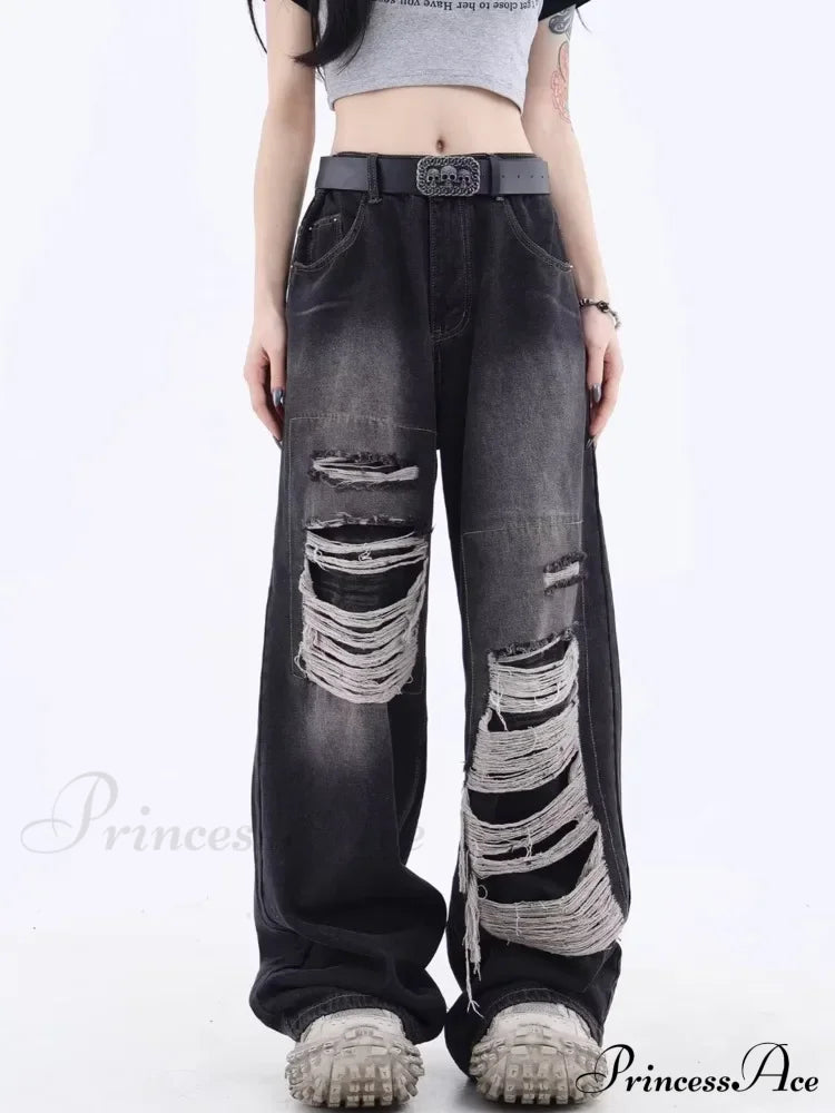 Vintage Distressed Washed Summer Loose Fitting Wide Leg Straight Tube Trendy Street Women’s Jean