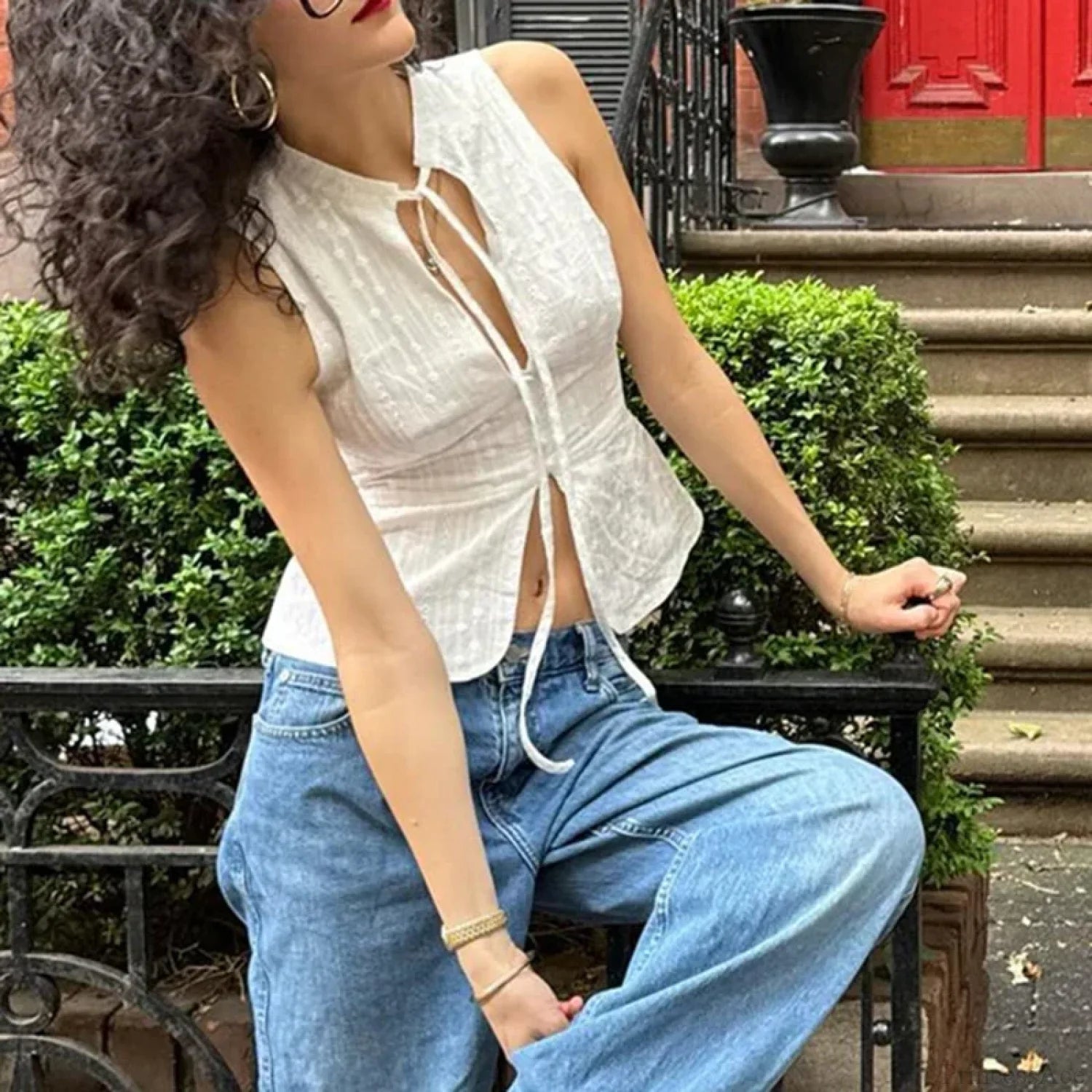 Vintage Jacquard Tie Up Neck Front Cutout Y2K Cottage Streetwear Crop Top croptop-250126