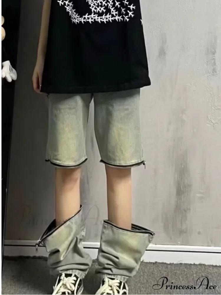 Vintage Knee Double Zipper Detachable Street Burst Straight Jean Yellow Mud Color / S