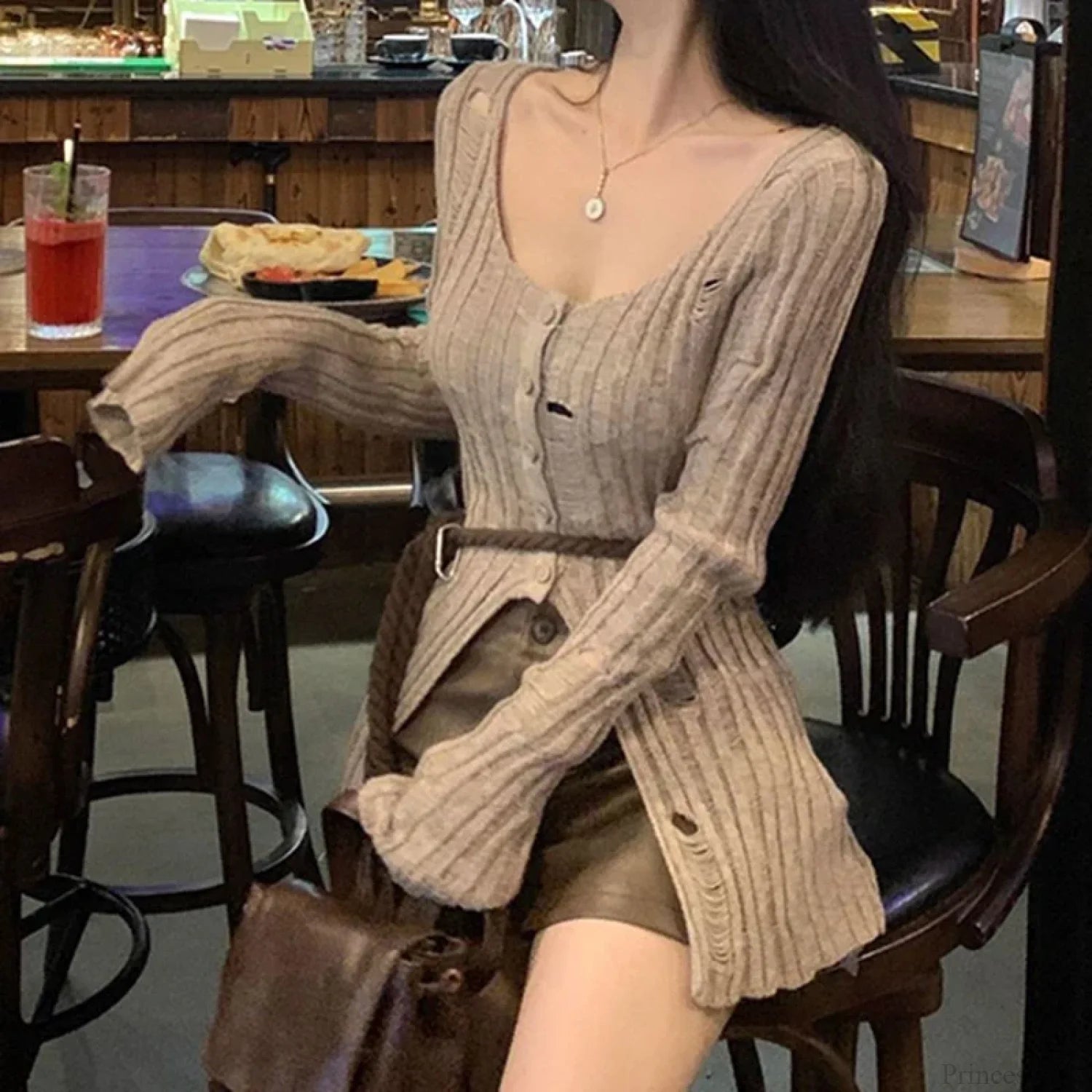 Vintage Knitted Spring Long Sleeve Button Closure Slim Knit Top Khaki / One Size knittop-250126