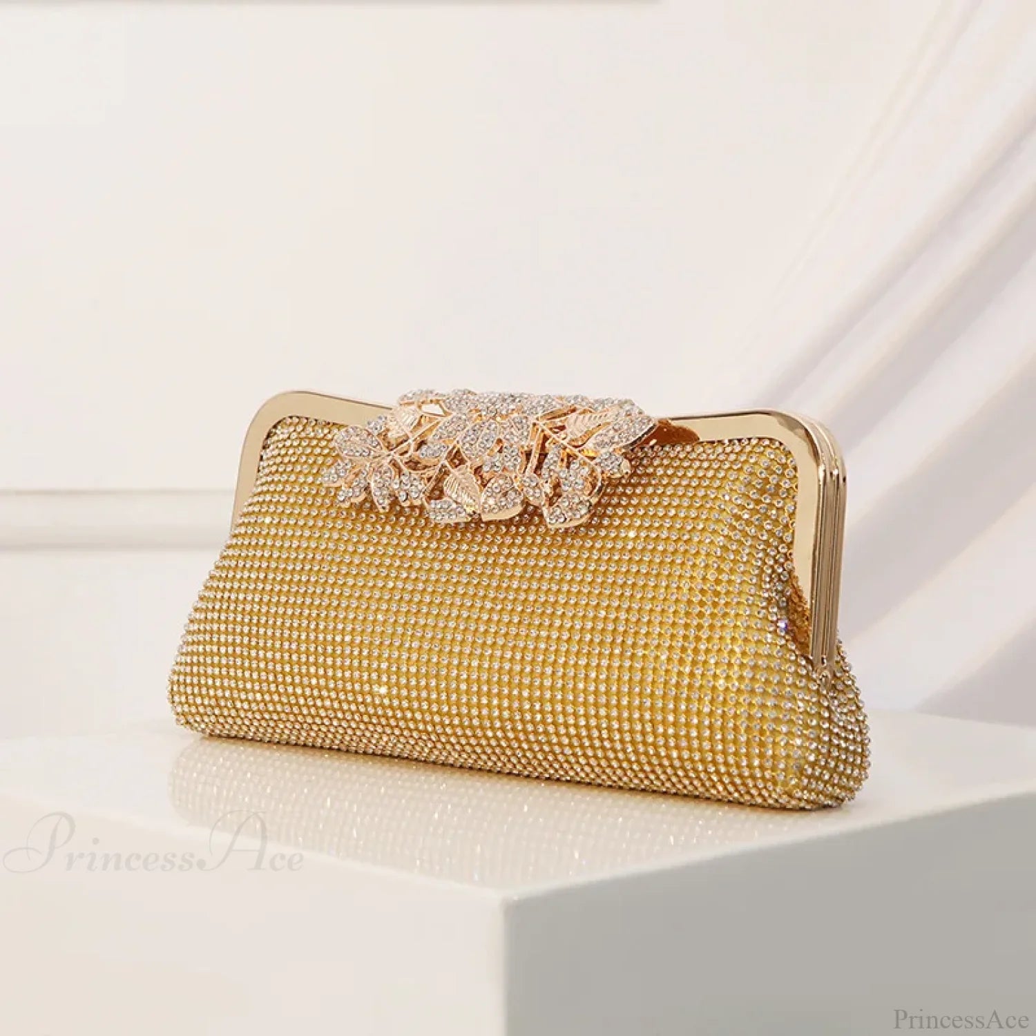 Vintage Rhinestone Flower Kiss Lock Clutch Bag 1204 GOLD clutchbag-250126