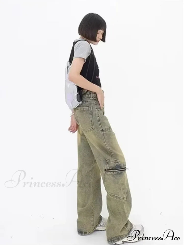 Vintage Street Deconstructed Yellow Mud Dyed Old Loose Wide Leg Women’s Jean