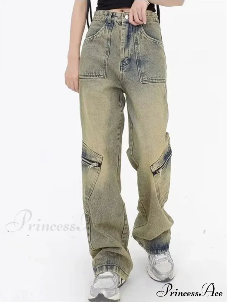 Vintage Street Deconstructed Yellow Mud Dyed Old Loose Wide Leg Women’s Jean Mud Color / S