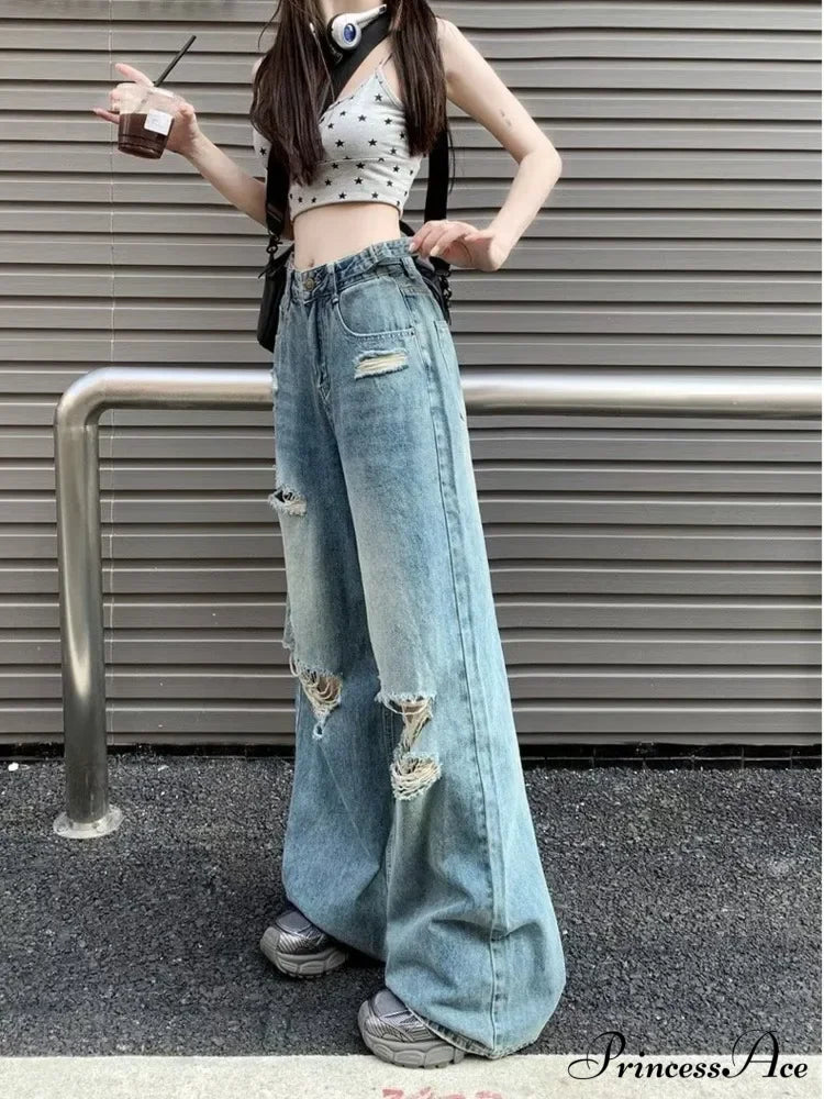Vintage Torn High-Waisted Slimming Loose-Fitting Long Women’s Jean