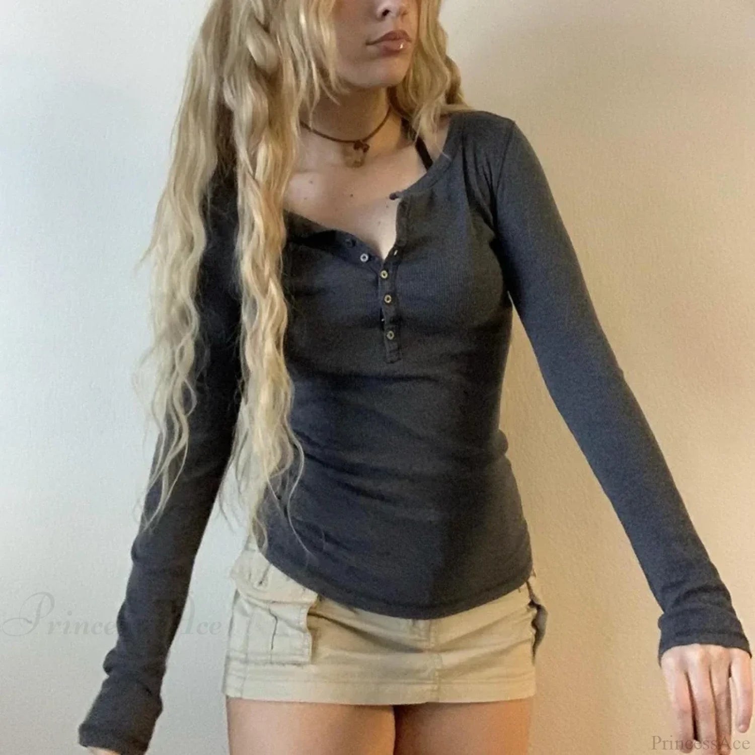 Vintage Y2K Basic Crop Top Grunge Button Slim Fit Knit Top GRAY / S knittop-250126