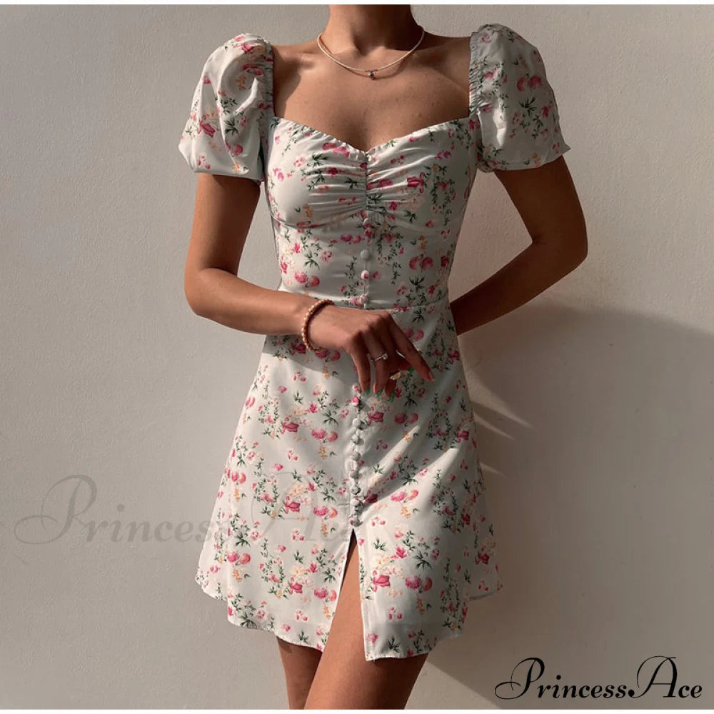 Waist Arm A-Line Puff Women’s V-Neck High Flowered Dress M / Green Dresses