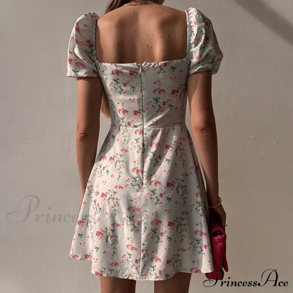 Waist Arm A-Line Puff Women’s V-Neck High Flowered Dress M / White Dresses
