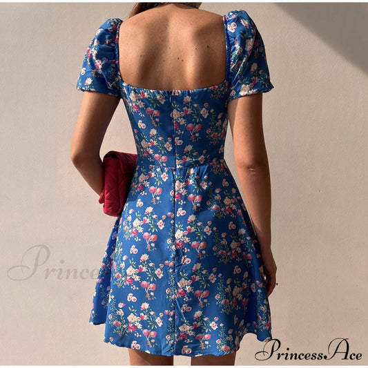 Waist Arm A-Line Puff Women’s V-Neck High Flowered Dress S / Orange Dresses