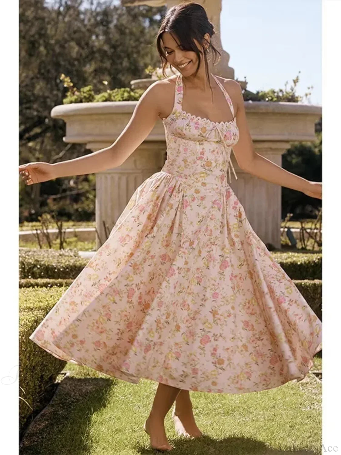 Waist Wrap Spaghetti Strap Print Floral Dress pink4 / S