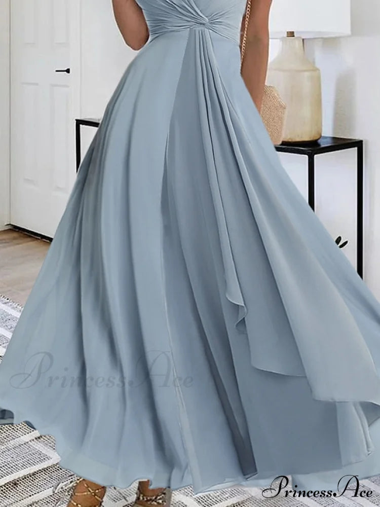 Warm-Season V Neck Layered Guest Party Sleeveless M Women’s Prom L Blue Wedding Full-Length Gown