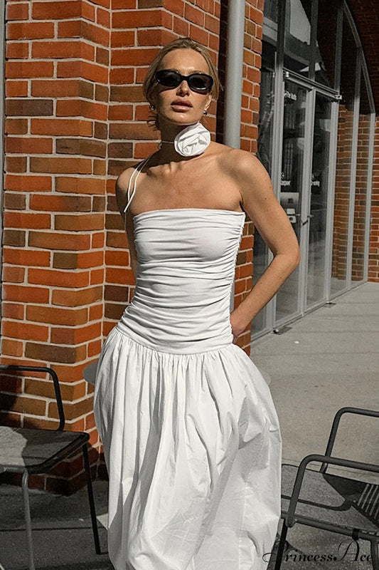 White Modal Strapless High Waist A Line Maxi Dress