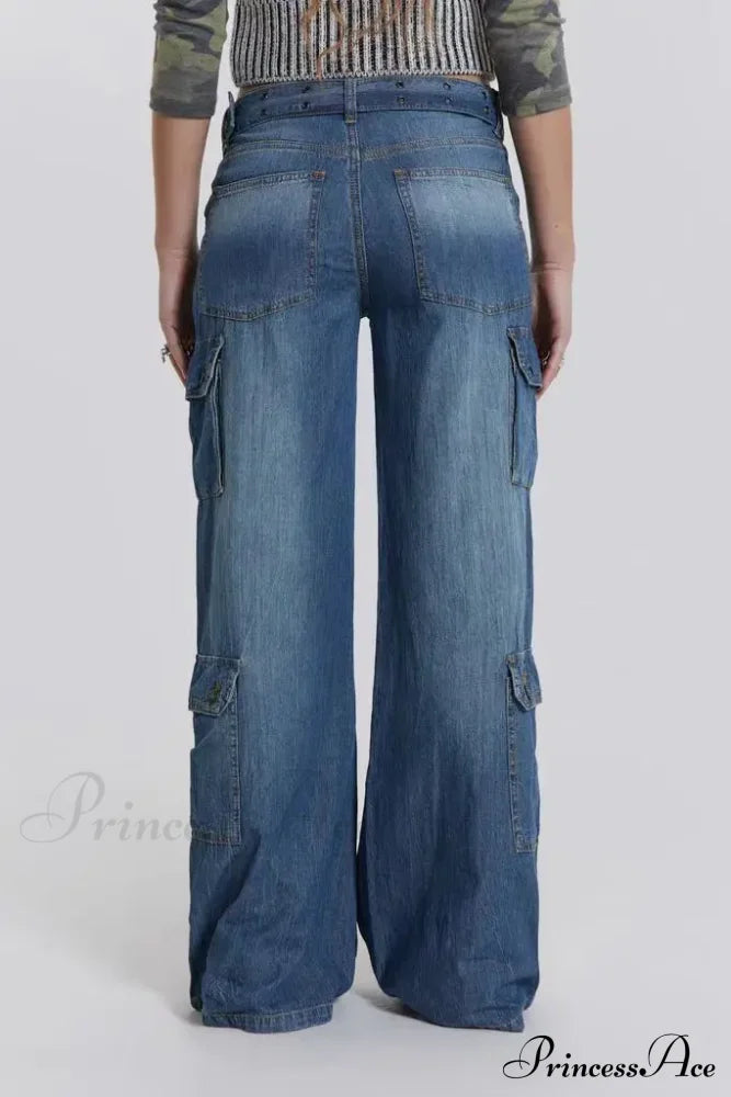 Wide Leg High Waist Patchwork Baggy Cargo Streetwear Y2K Vintage Denim Jean Stylish Loose Solid