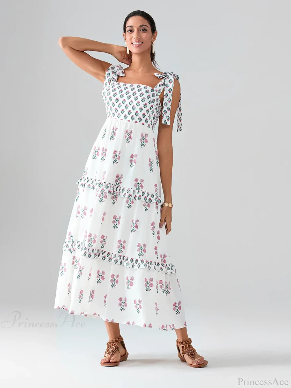 Wide Straps Flowy Floral Bohemian Beach Frill Trim Square Neck A-Line Dress floraldress-250126