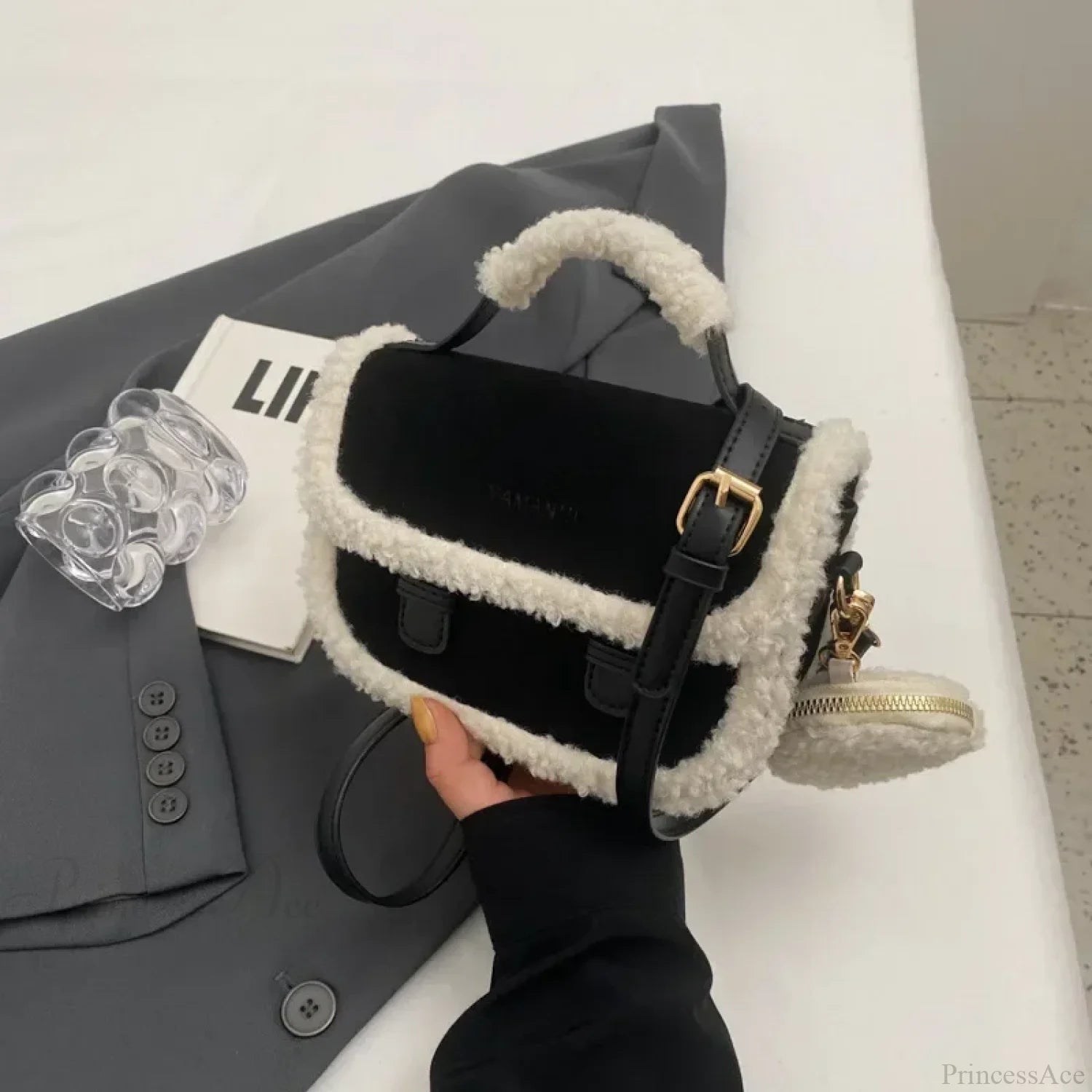 Winter Plush Small Square Crossbody Handbag Black handbag-250126