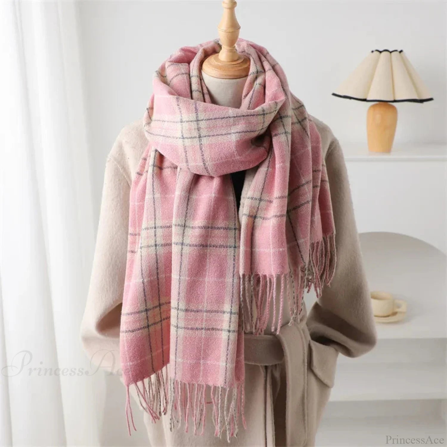 Winter Warm Cashmere-Like Plaid Blanket Wrap Scarf For Women Pink Scarfs-L