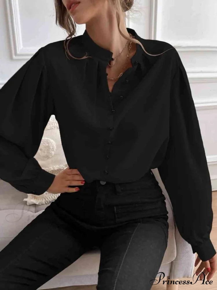 Mock Neck Button Front Long Sleeve Shirt Black clothes G@S long sleeve shirt long sleeve shirts long sleeve top long sleeve tops Ship From Overseas shirt shirts tops Tops/Blouses