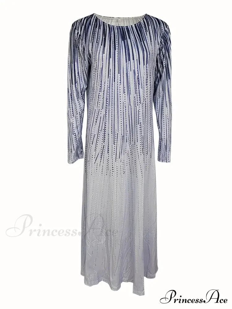 With Crew Full-Length Geometric And Design Gown Neck Long Sleeves M / Blue Blue Unique Maxi Dress