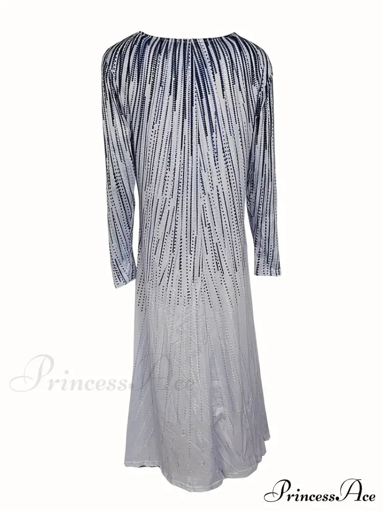 With Crew Full-Length Geometric And Design Gown Neck Long Sleeves M / Khaki Blue Unique Maxi Dress
