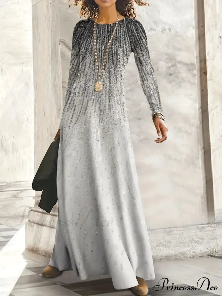 With Crew Full-Length Geometric And Design Gown Neck Long Sleeves S / Gray Blue Unique Maxi Dress