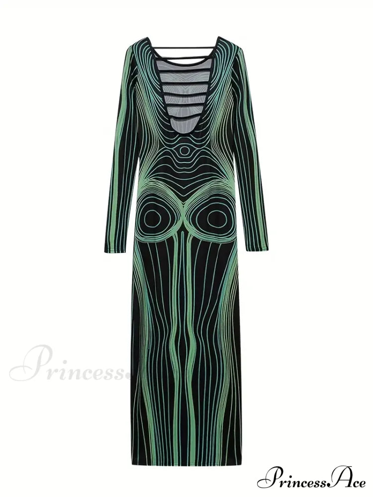 With Striped Long Body Shape Out Design Gown Cut Sleeves M / Red Green Bodcyon Party Dress