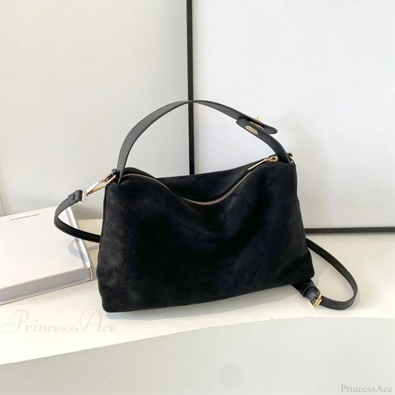 Women Suede Adjustable Crossbody Handbag Black handbag-250126