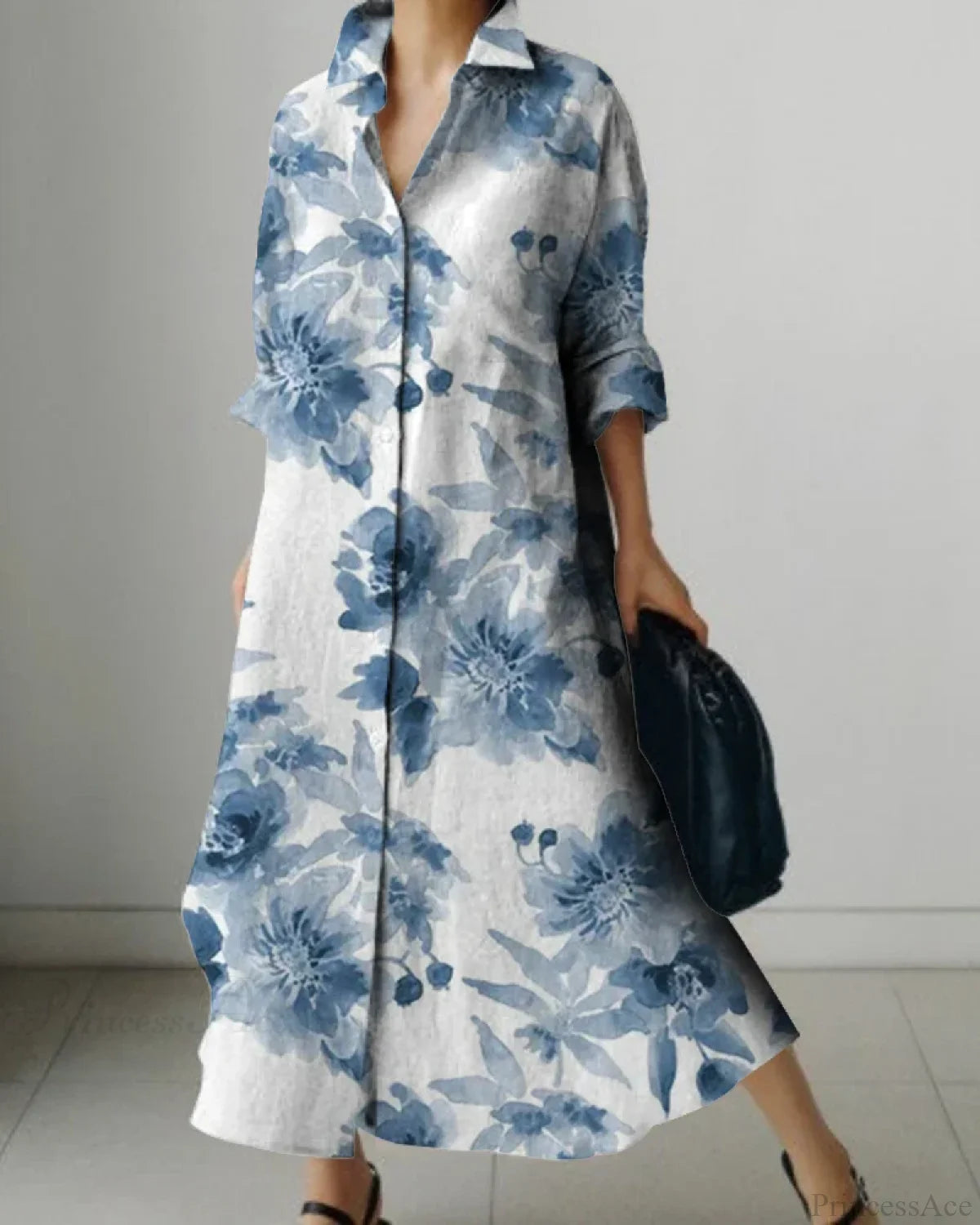 Women’s Lapel Long Sleeve Floral Print Shirt Dress color10 / S oldfloraldress-250126