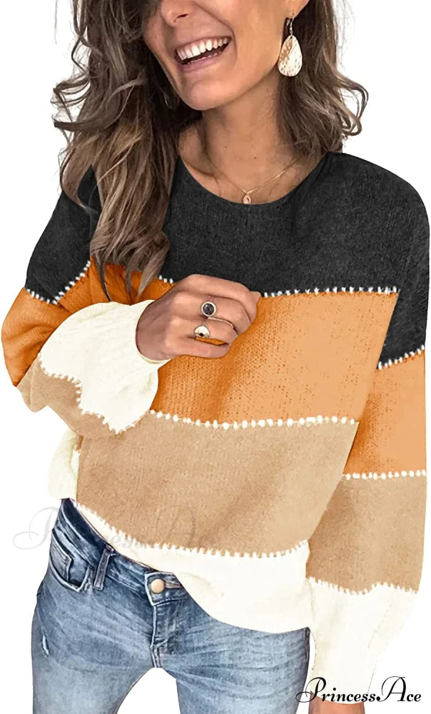 Women’s Stripe Sweaters Color Block Long Sleeve Pullover Orange / X-Large Sweaters-L
