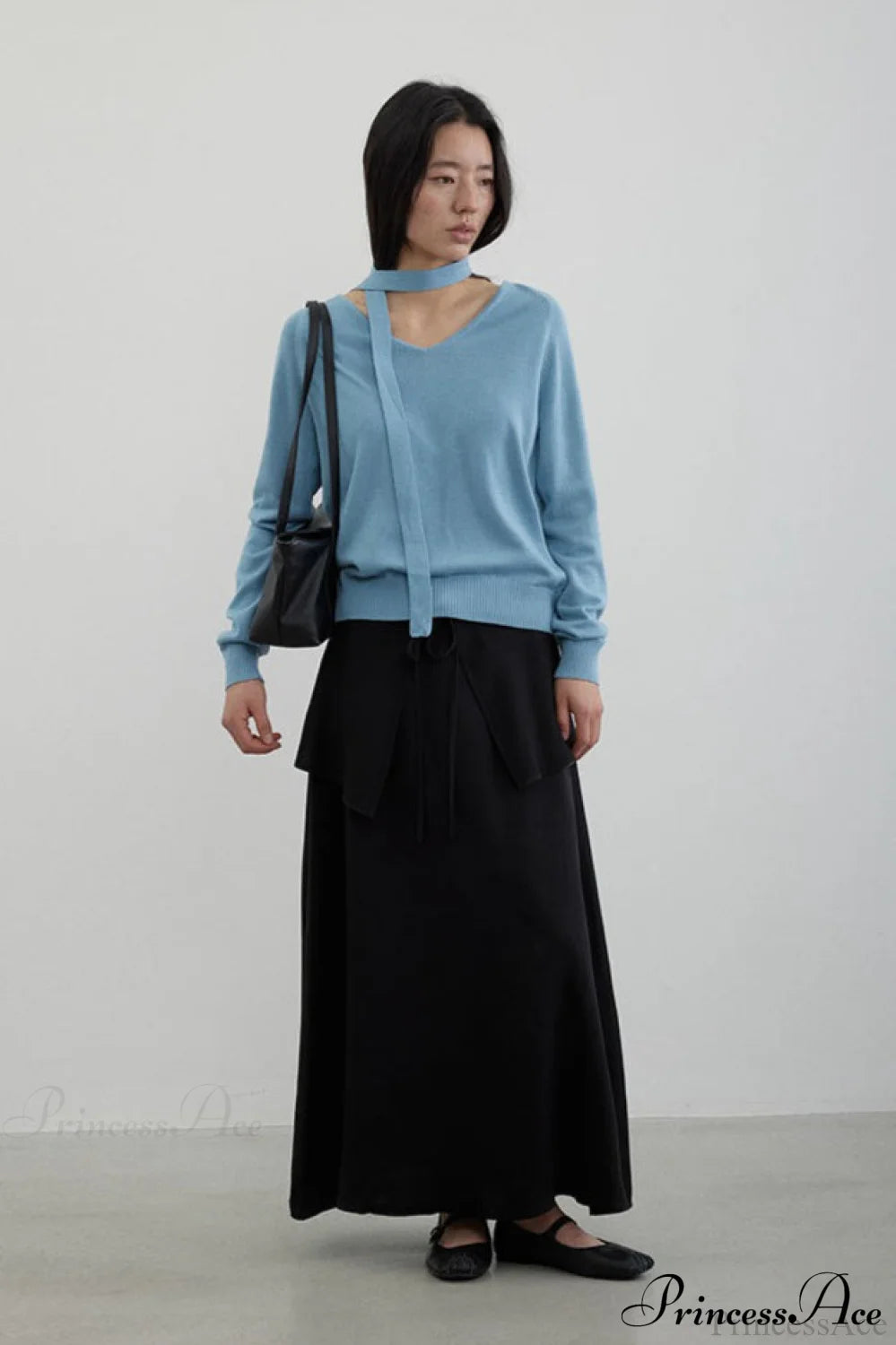 Wool V-Neck Oversized Long-Sleeve Knit Top