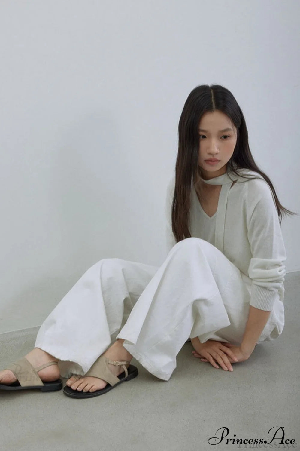 Wool V-Neck Oversized Long-Sleeve Knit Top