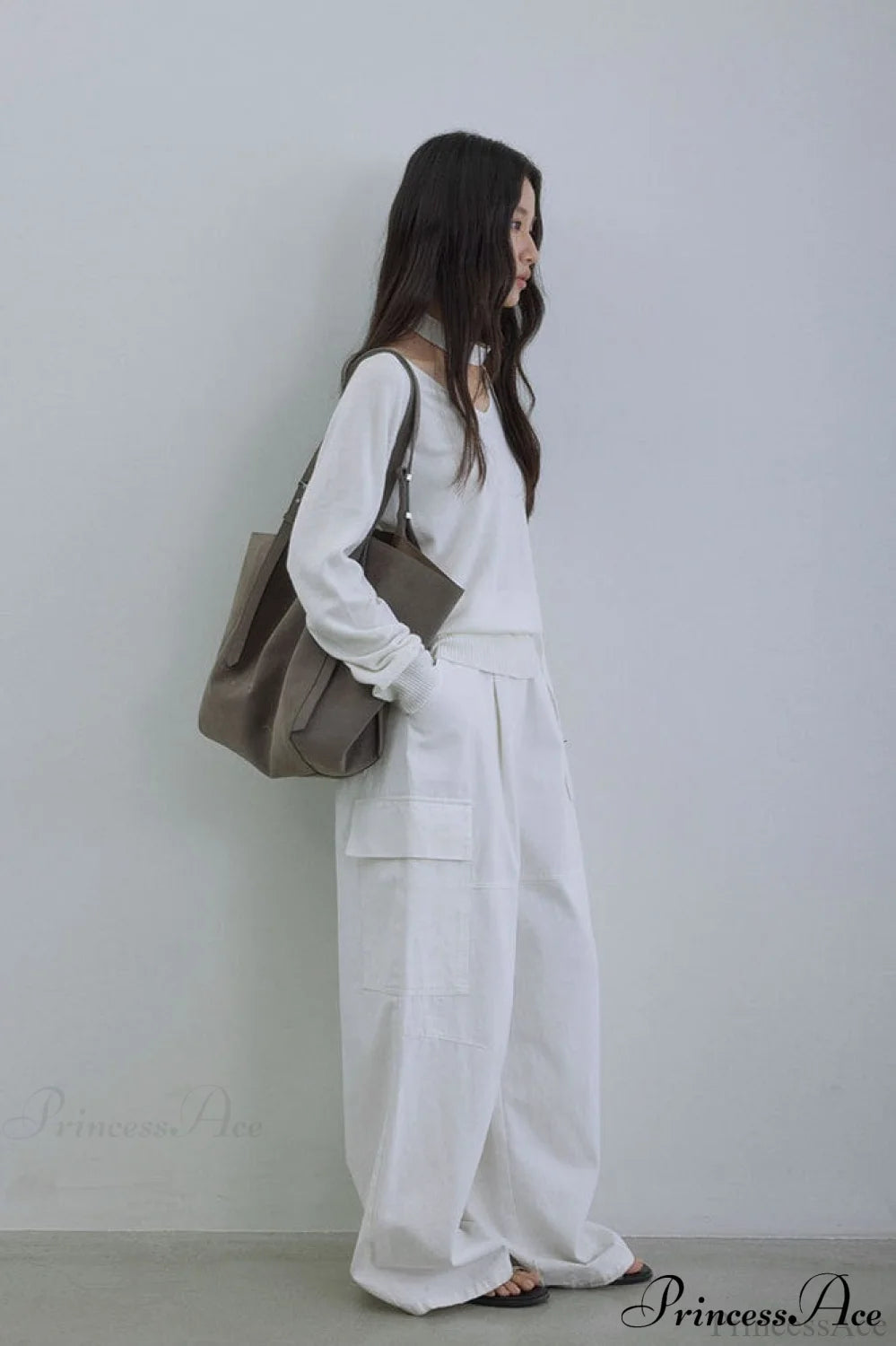 Wool V-Neck Oversized Long-Sleeve Knit Top