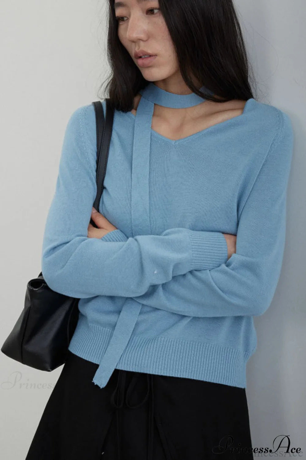 Wool V-Neck Oversized Long-Sleeve Knit Top