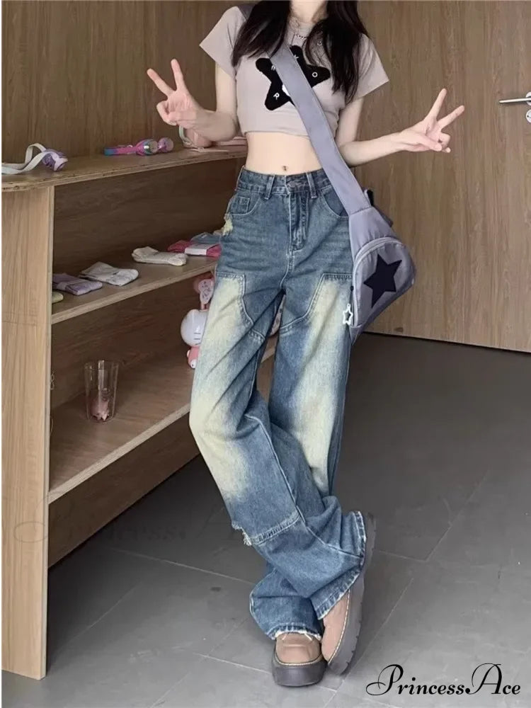 Worn-Out Hole Vintage Straight Summer Loose Fitting Wide-Leg Floor Length Jean